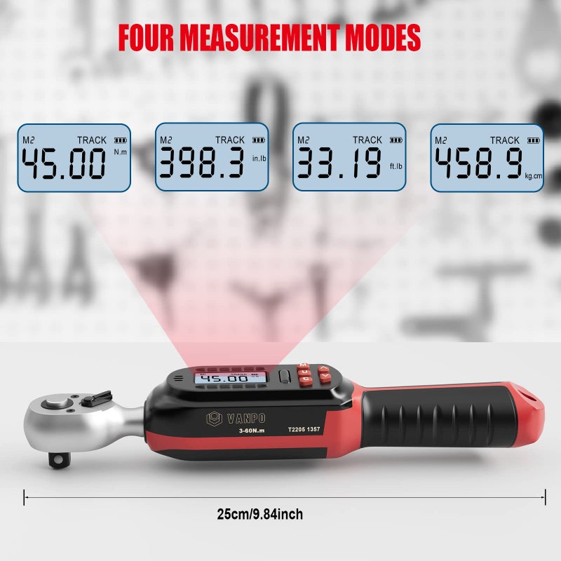 VANPO 3/8 Inch Digital Torque Wrench with Preset Values  2.2-44.3 Ft-lbs/3-60Nm  Buzzer and LED Notification  Small Electronic Torque Wrench for Motorcycles - Image 3